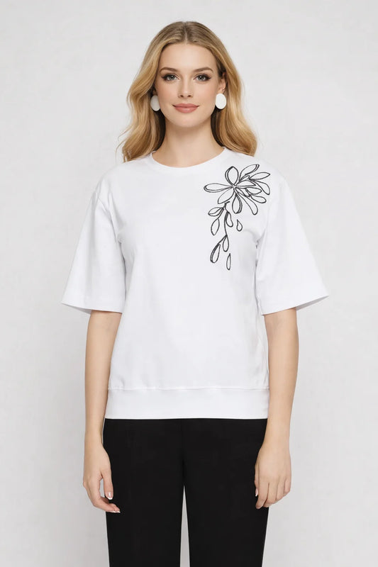 Tricou dama alb cu broderie in contrast