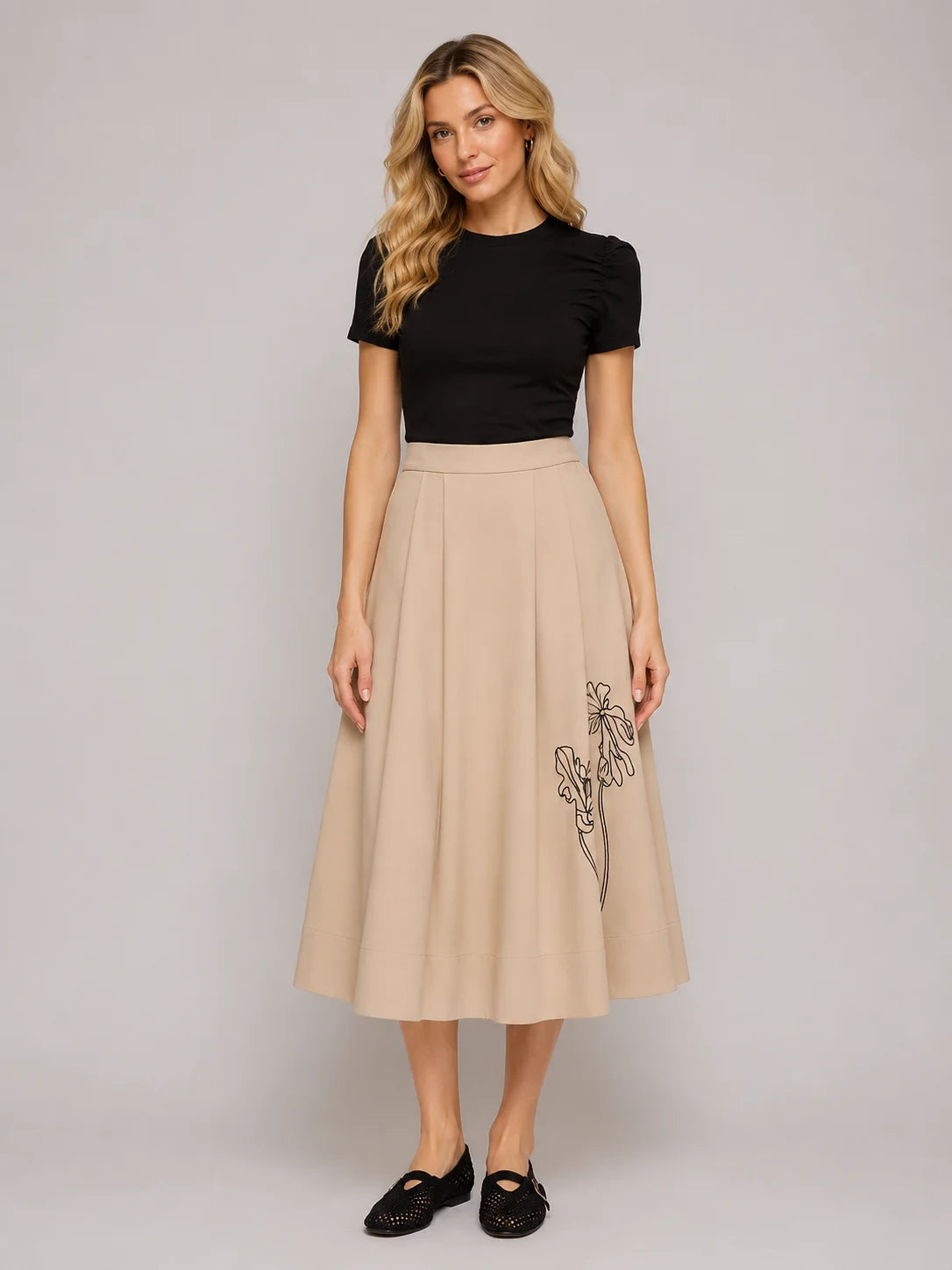 Fustă midi plisată cu broderie (6202)