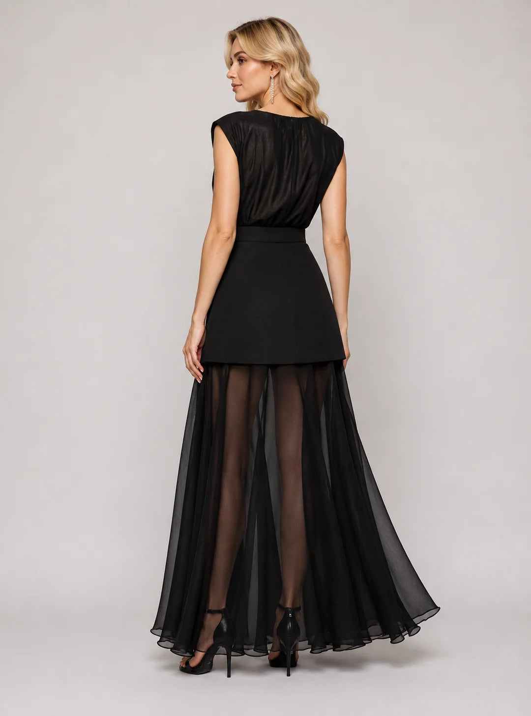 Rochie lungă din voal transparent cu fustă scurtă (6262)