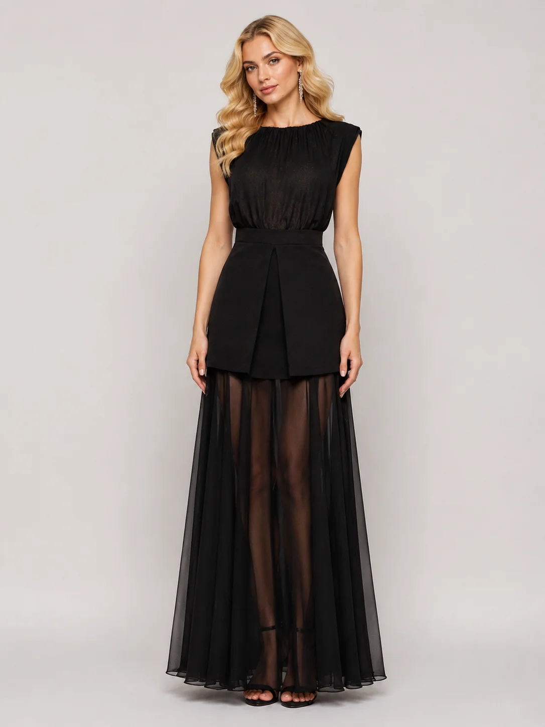 Rochie lungă din voal transparent cu fustă scurtă (6262)