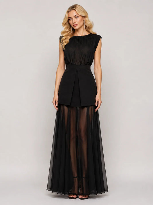 Rochie lungă din voal transparent cu fustă scurtă (6262)