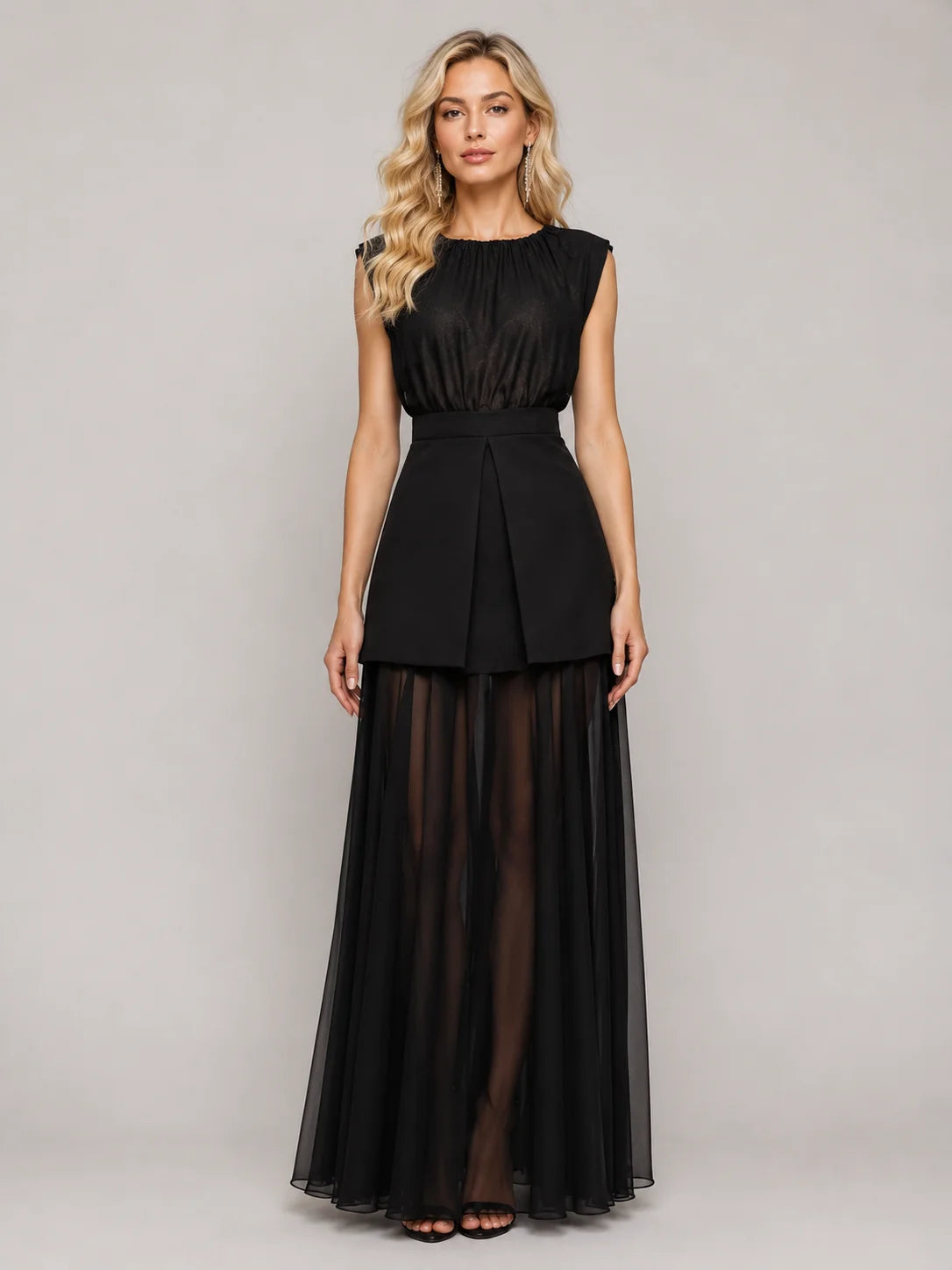 Rochie lungă din voal transparent cu fustă scurtă (6262)