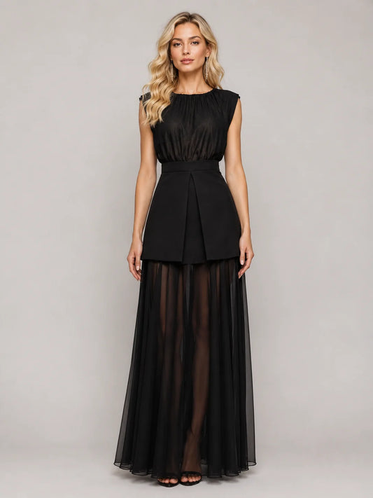 Rochie lungă din voal transparent cu fustă scurtă (6262)