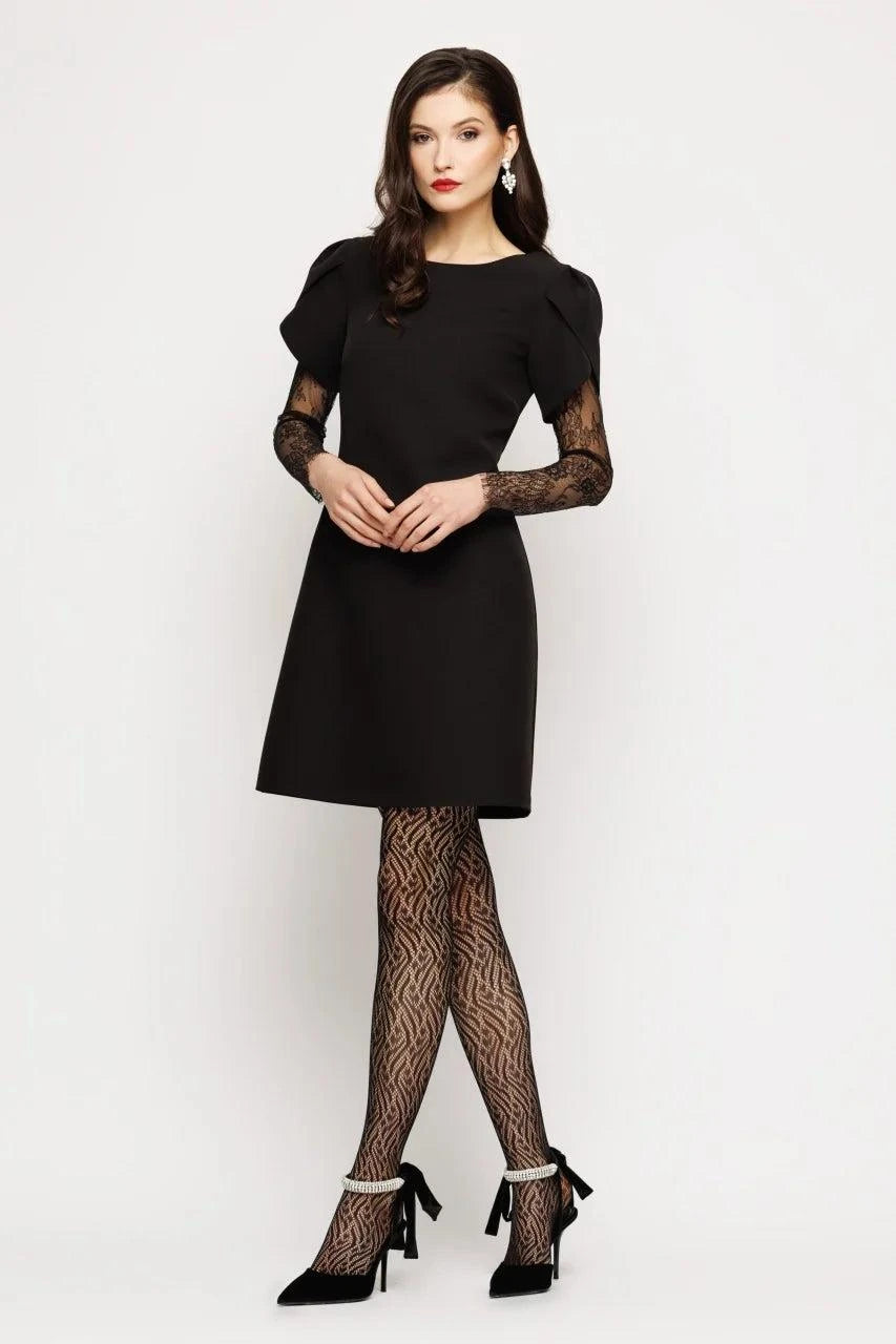 Rochie Damă Neagră Elegantă cu Mâneci din Dantelă și Umeri Bufanți