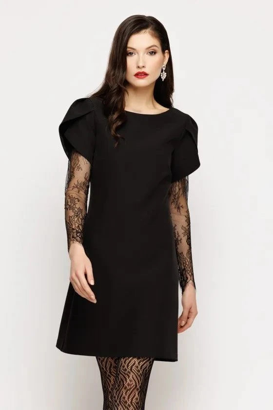 Rochie Damă Neagră Elegantă cu Mâneci din Dantelă și Umeri Bufanți