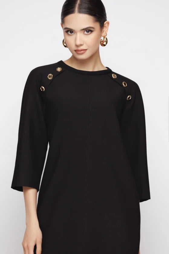 Rochie Office Neagra cu Detalii Metalice si Maneca Trei Sferturi