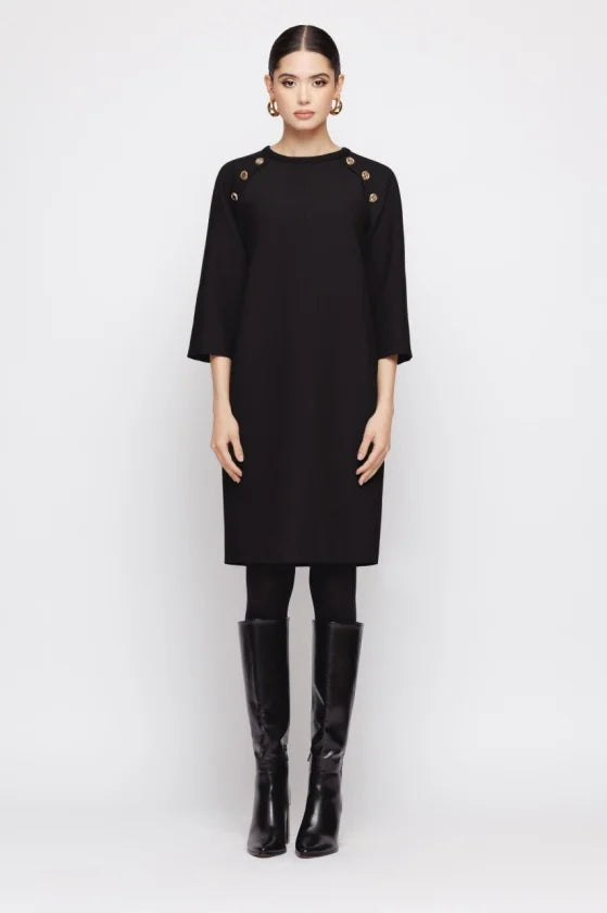 Rochie Office Neagra cu Detalii Metalice si Maneca Trei Sferturi