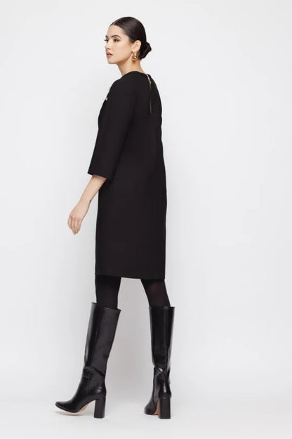 Rochie Office Neagra cu Detalii Metalice si Maneca Trei Sferturi