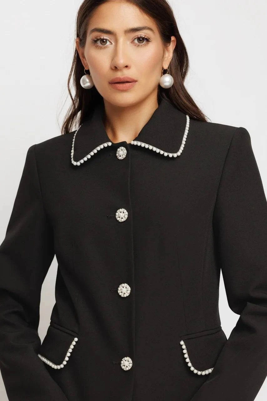 Sacou Damă Elegant cu Bordură de Perle și Nasturi Bijuterie