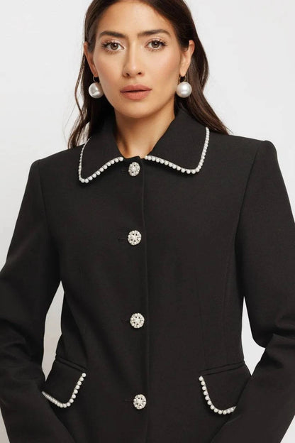 Sacou Damă Elegant cu Bordură de Perle și Nasturi Bijuterie
