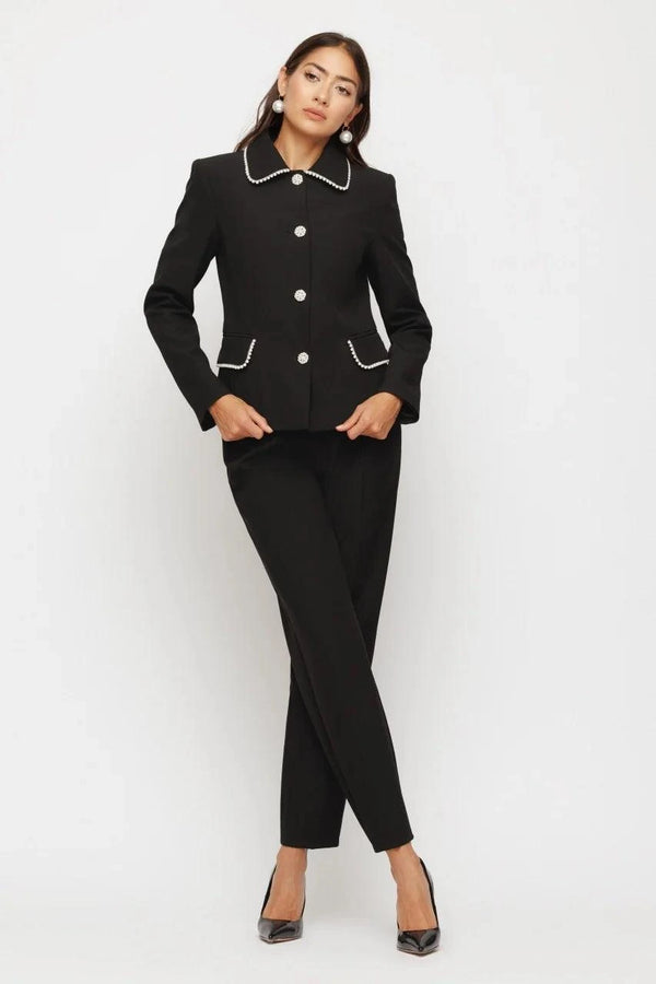 Sacou Damă Elegant cu Bordură de Perle și Nasturi Bijuterie